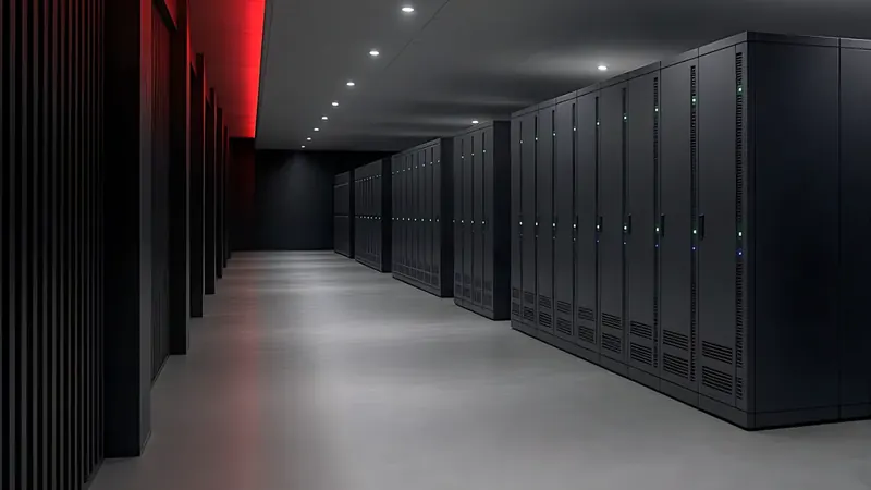 Row of UPS battery cabinets in a power room