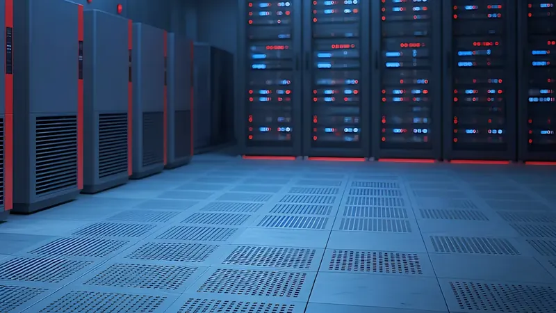 Blue-lit server racks at the end of a data hall