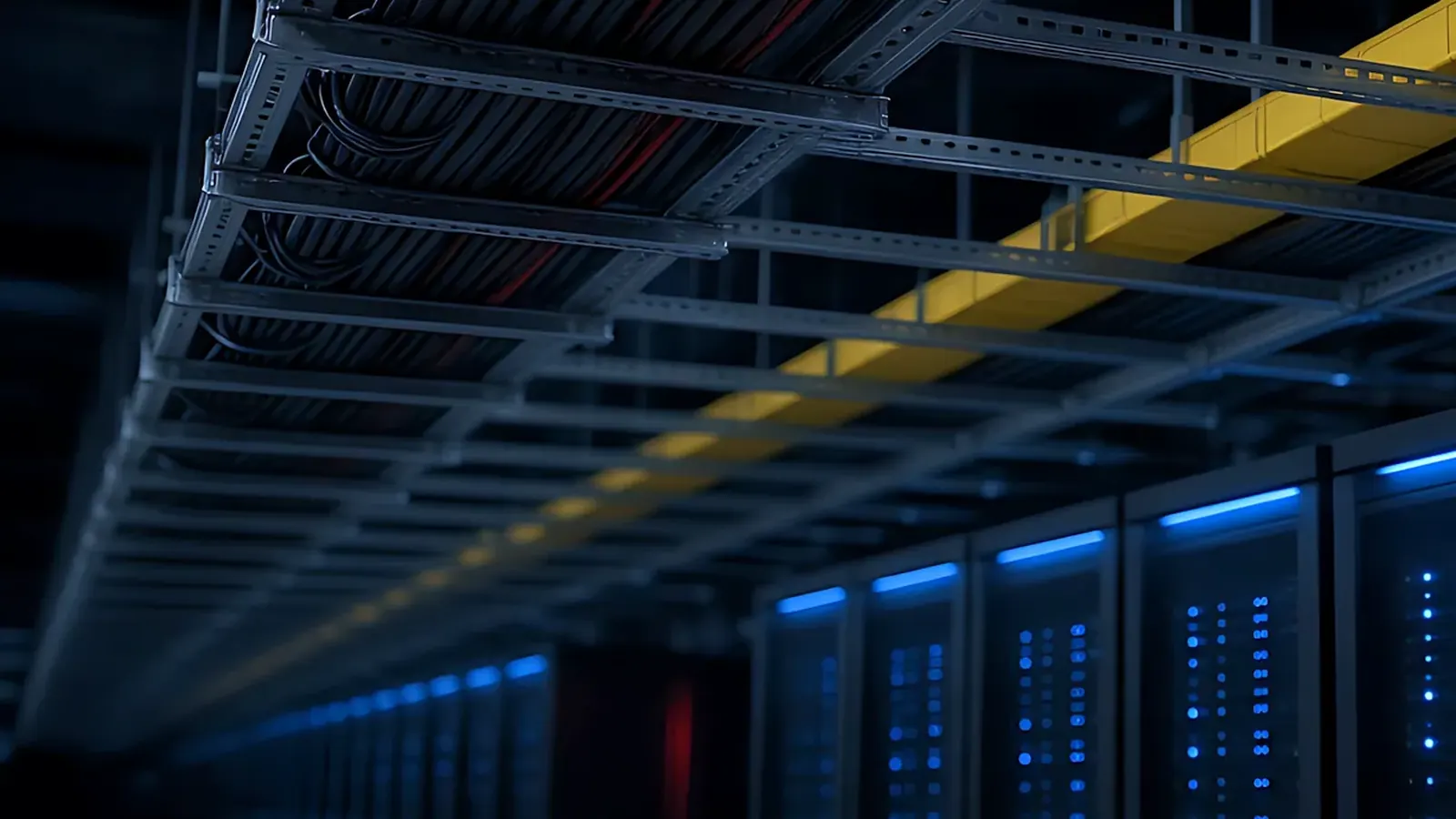 Cable trays running above the tops of server racks