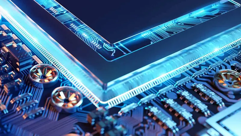 Close-up of a chip on a blue circuit board