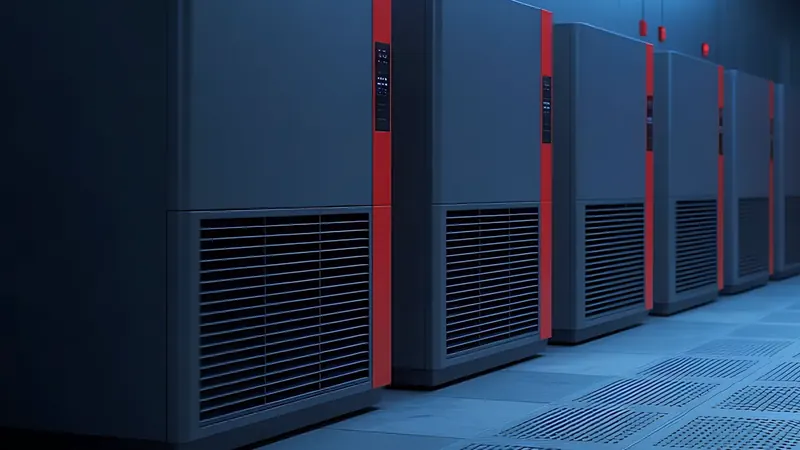 Cooling units along the wall of a data hall