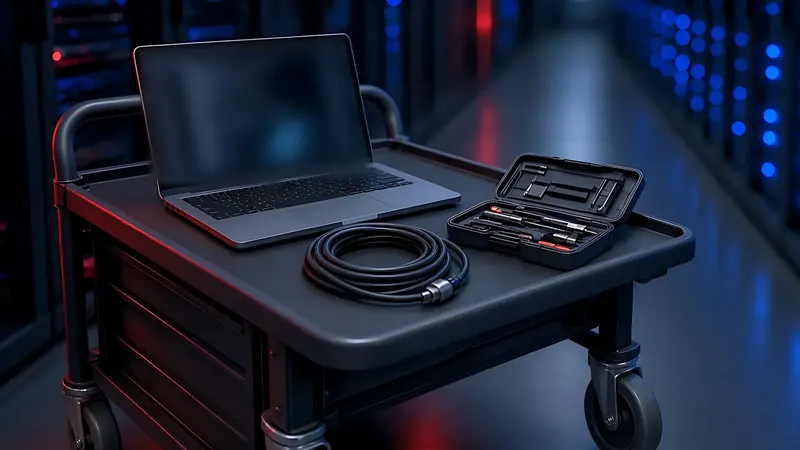 Crash cart with a laptop, console cable and tool kit in a server aisle