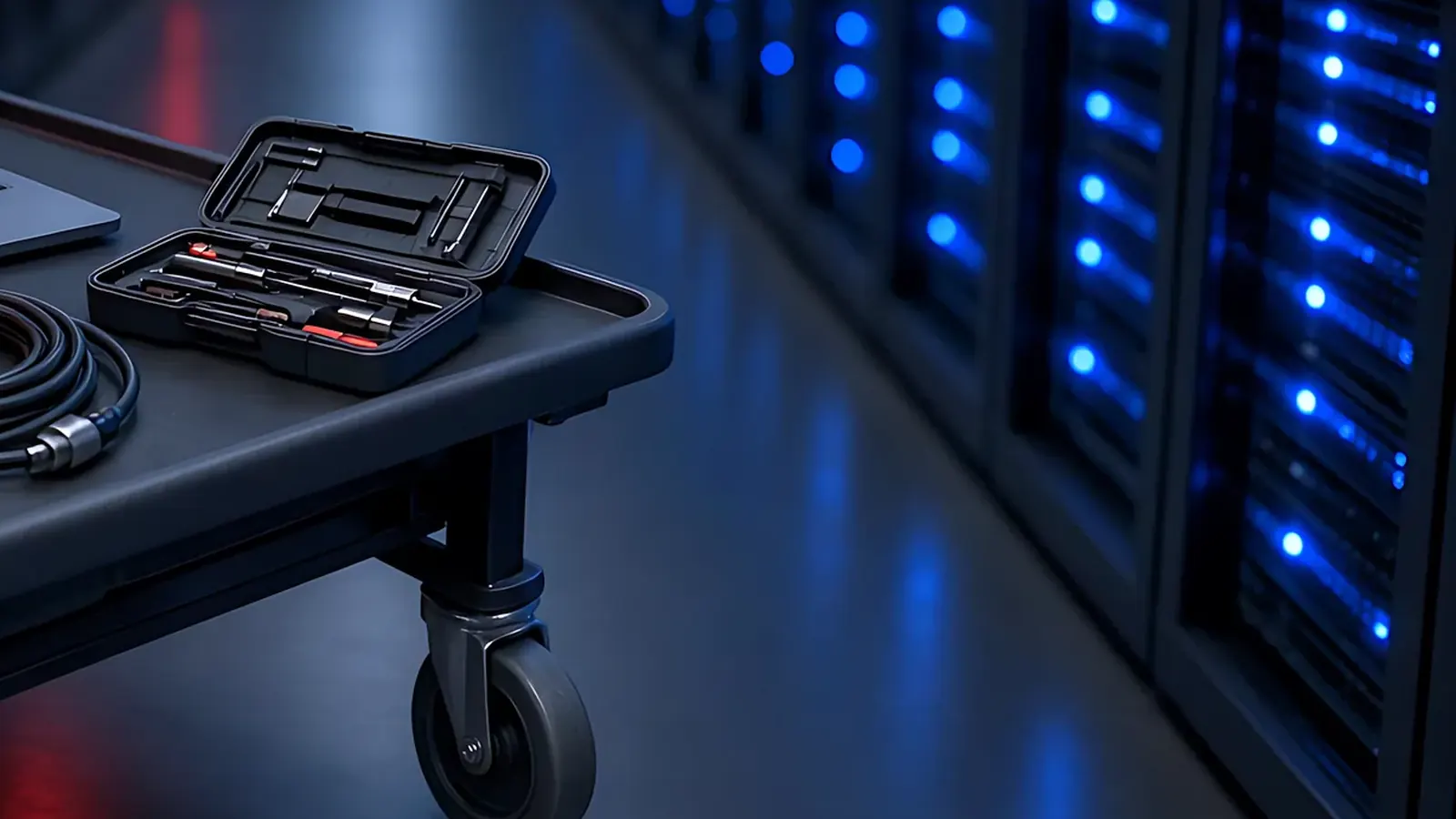 Tool tray on a crash cart in a server aisle