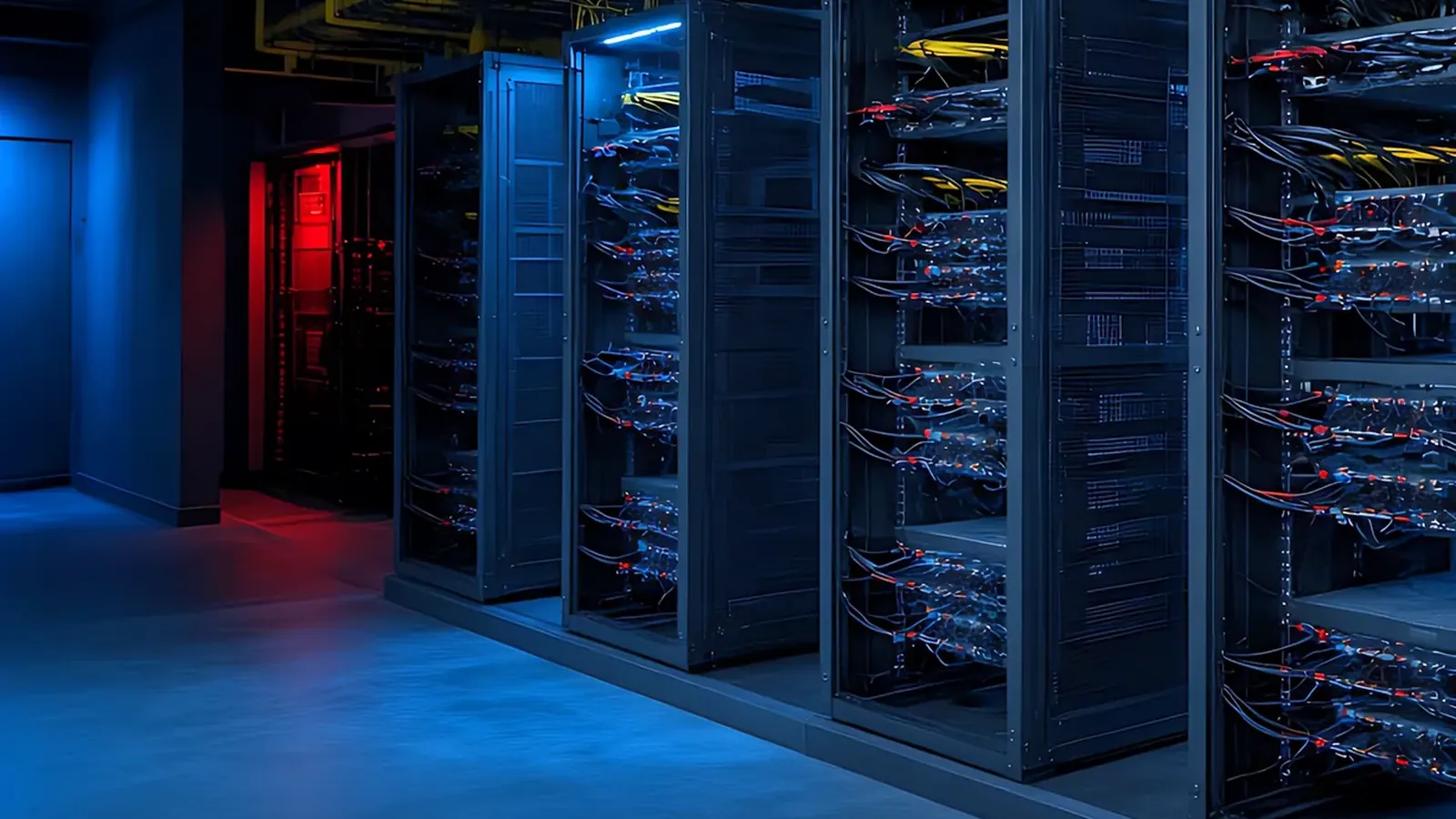 Row of cross-connect racks with patched cabling