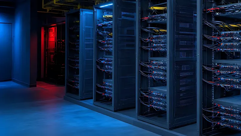 Row of cross-connect racks with patched cabling