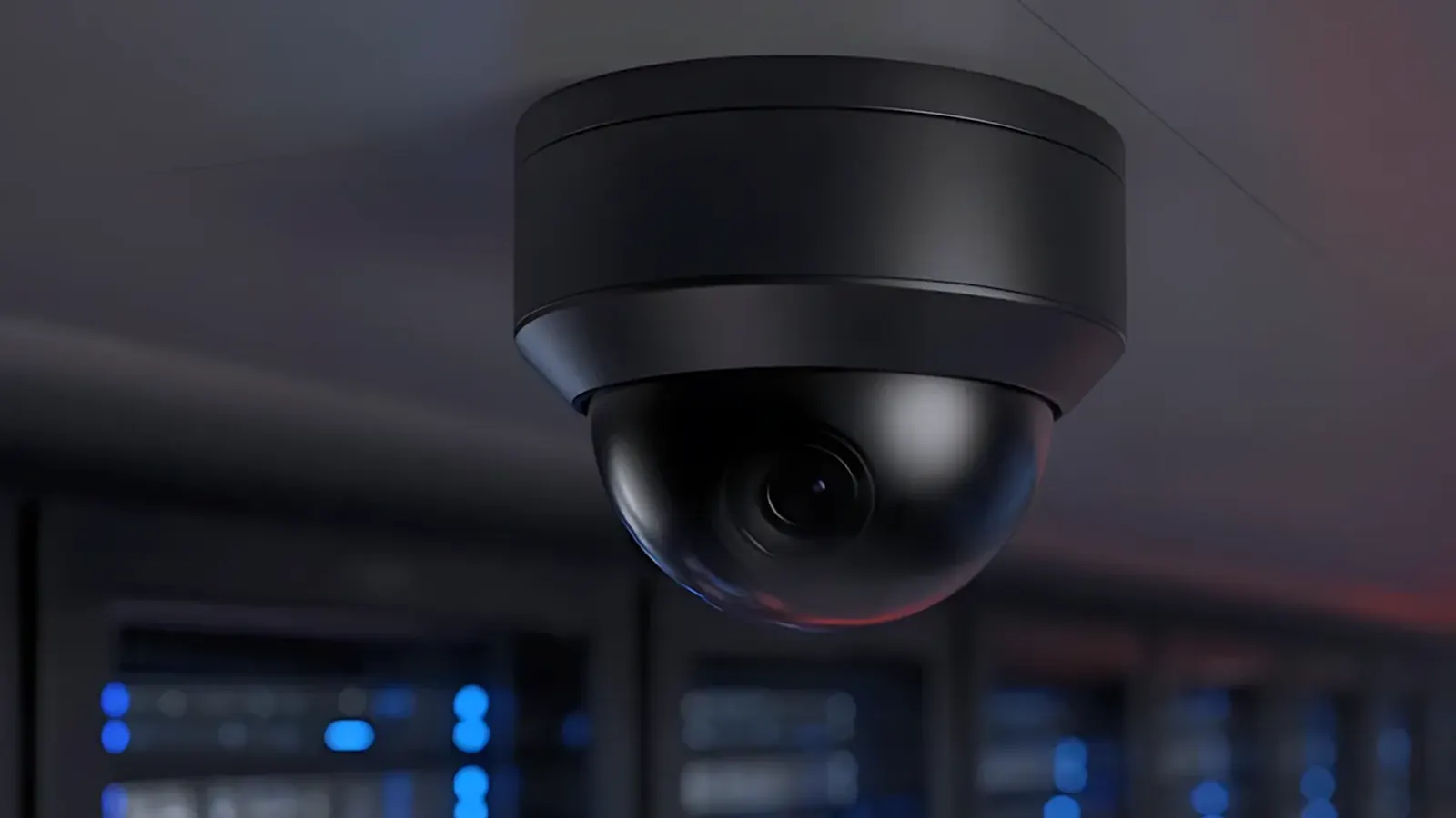 Dome security camera mounted on a data center ceiling