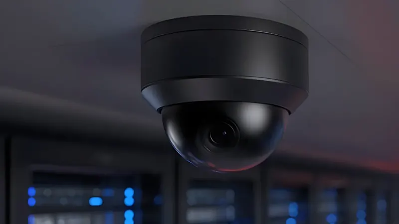 Dome security camera mounted on a data center ceiling