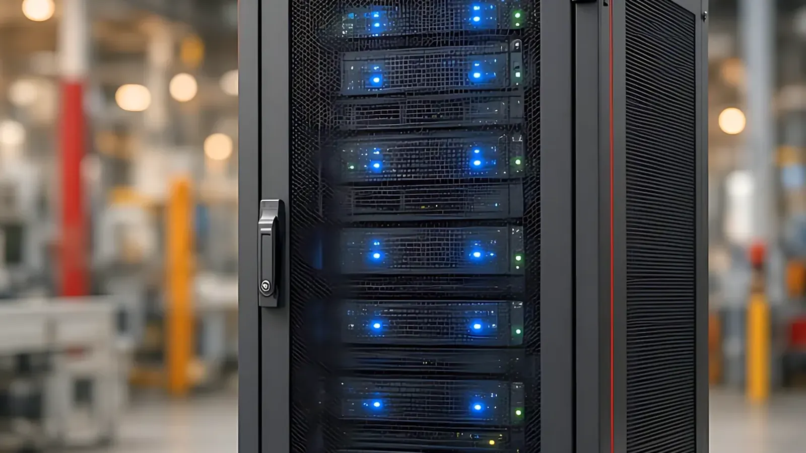 Server rack on a factory floor next to production equipment