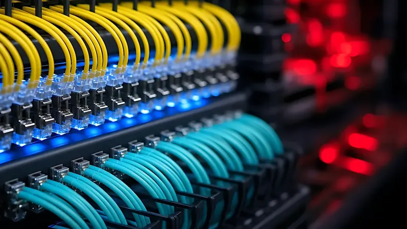 Yellow and teal fiber jumpers on a patch panel