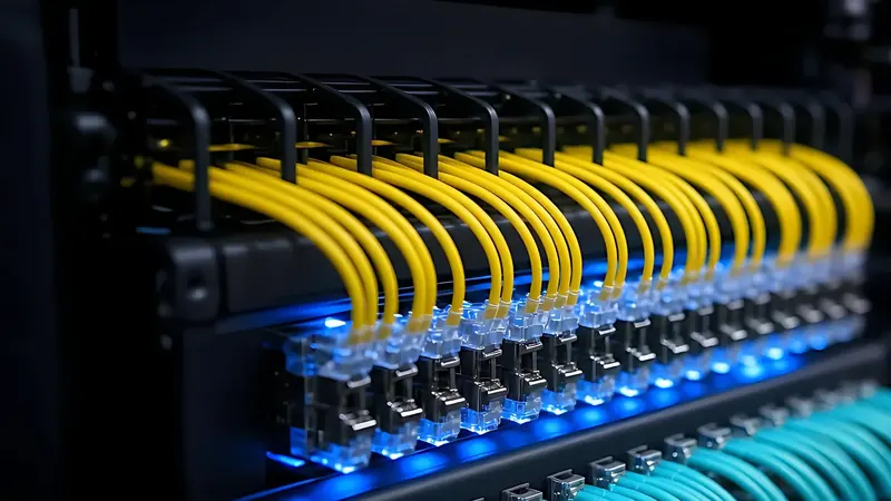 Yellow fiber jumpers plugged into a patch panel