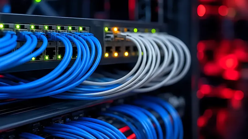 Bundles of blue and white patch cables running into a switch