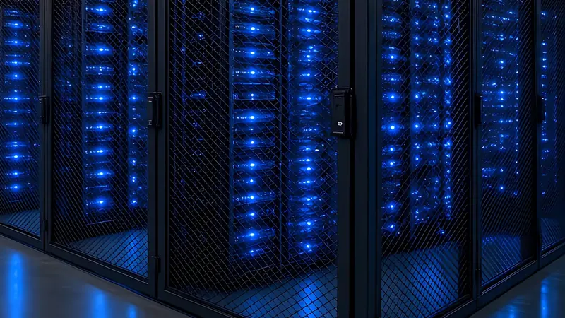 Server rack aisle with red ceiling light