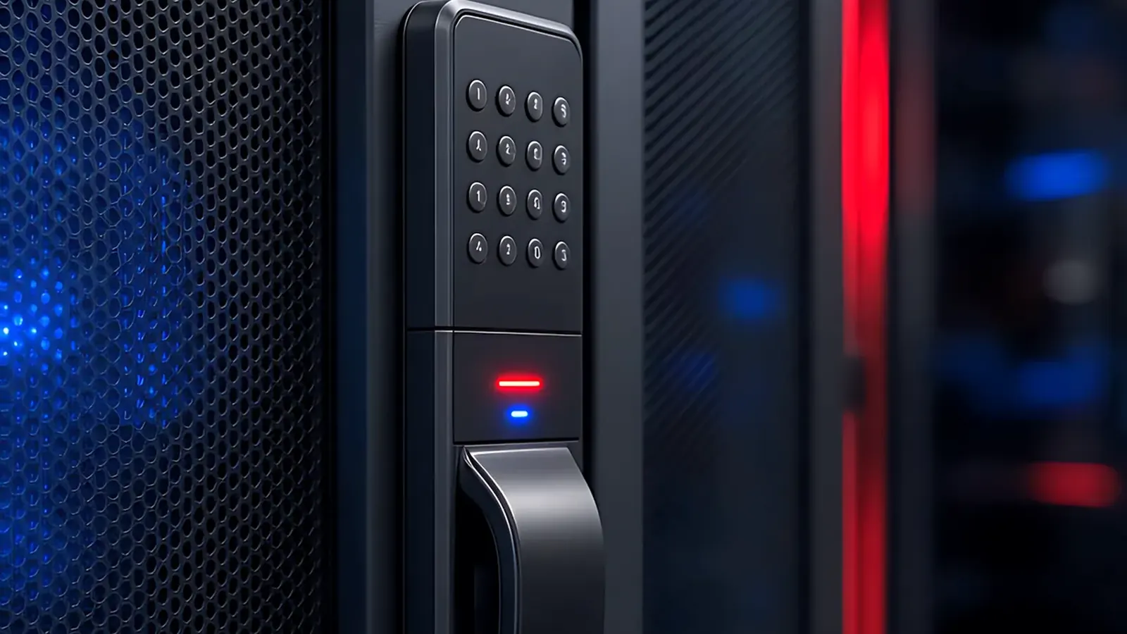 Electronic keypad lock on a server rack door