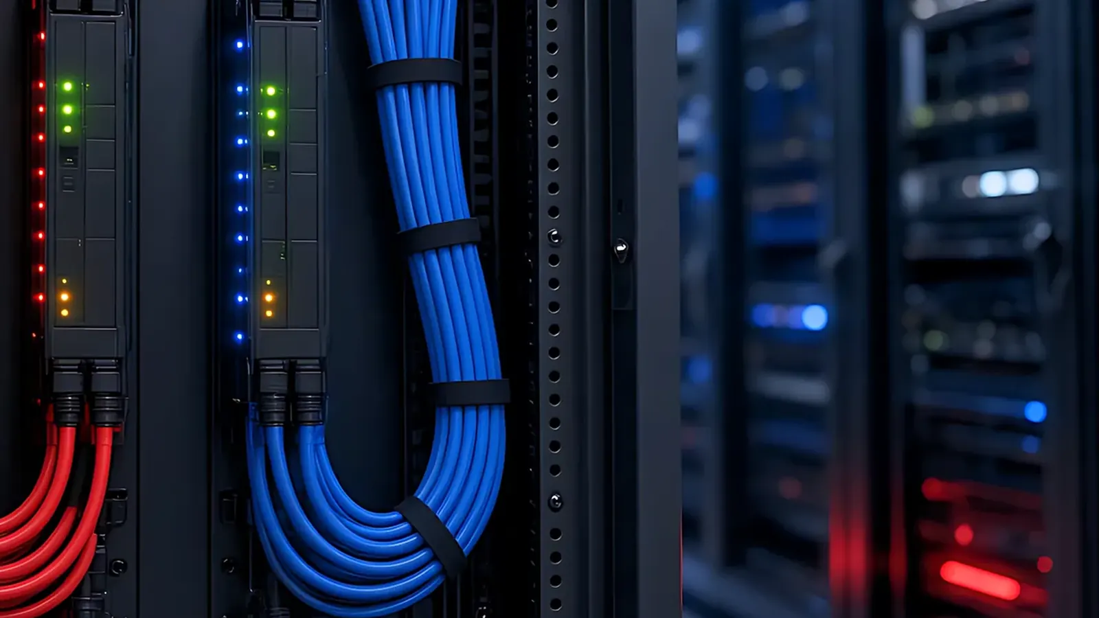 Redundant power feeds at the rear of a server rack