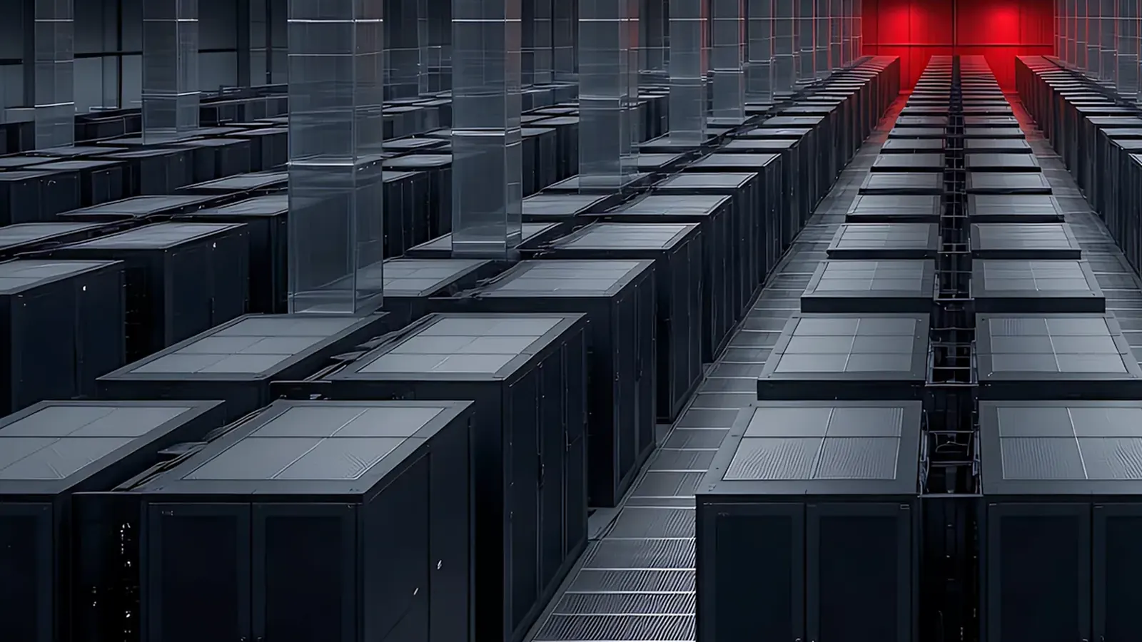 Rows of server racks seen from above