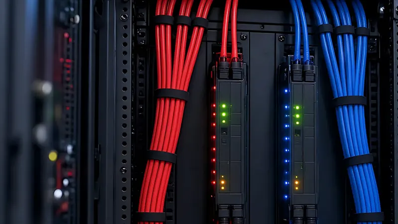 Red and blue A/B power cables at the back of a server rack