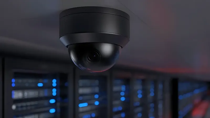 Ceiling security camera above a row of server racks