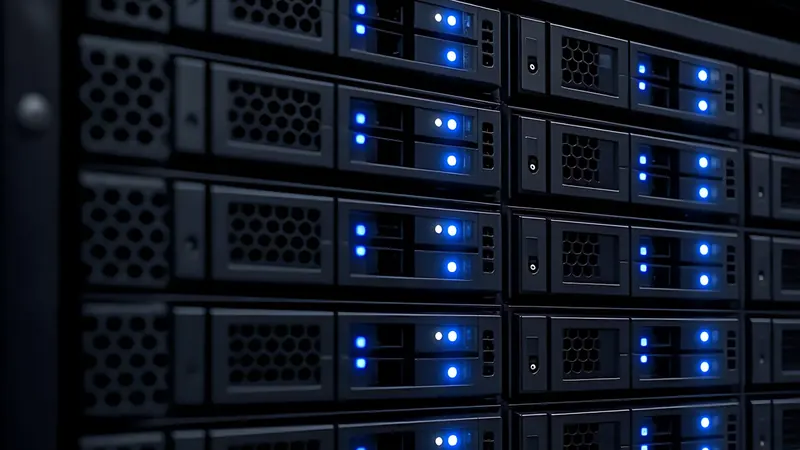 Server drive bays with blue activity lights