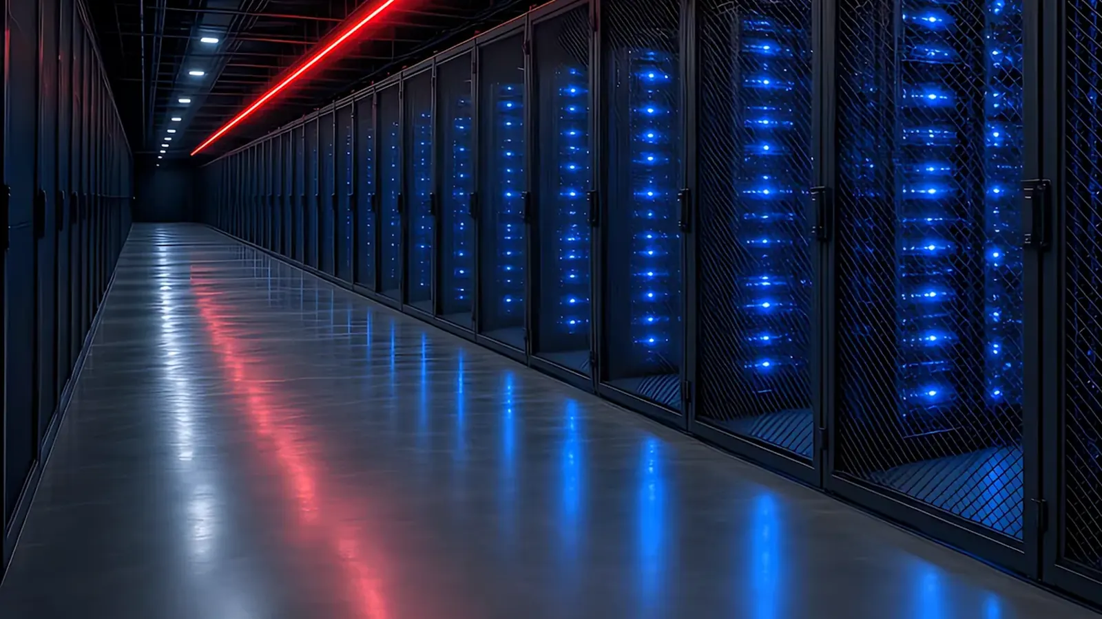 Server racks with blue status lights lining an aisle