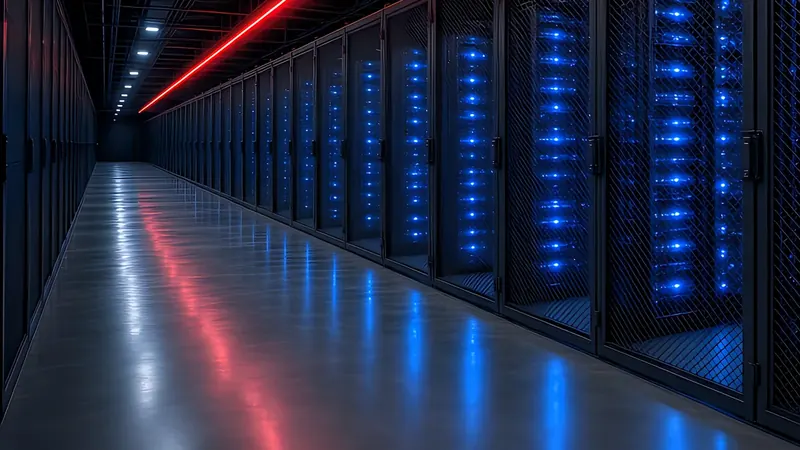 Server racks with blue status lights lining an aisle