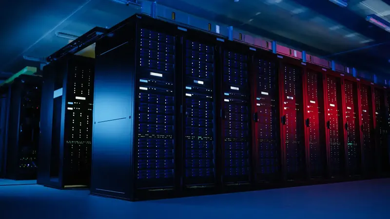 Server racks lit in blue and red
