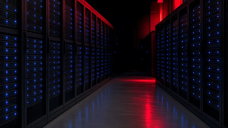 Storage aisle with a red glow at the far end
