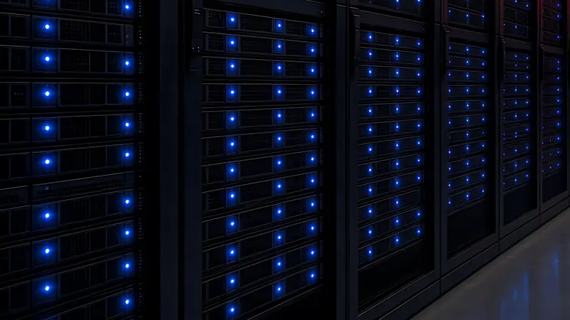 Row of storage arrays with blue lights