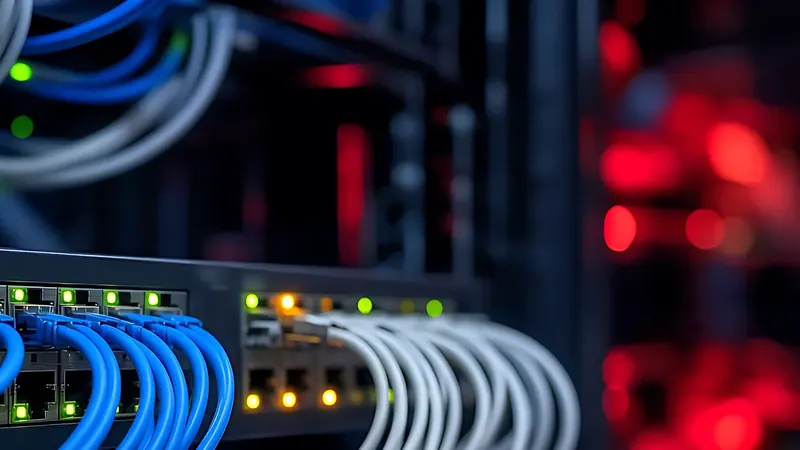 Grey and blue uplink cables on a network switch
