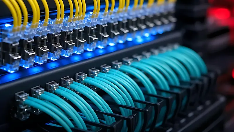 Teal fiber jumper loops routed into a patch panel