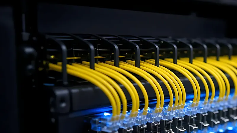 Close-up of yellow fiber jumpers above a patch panel