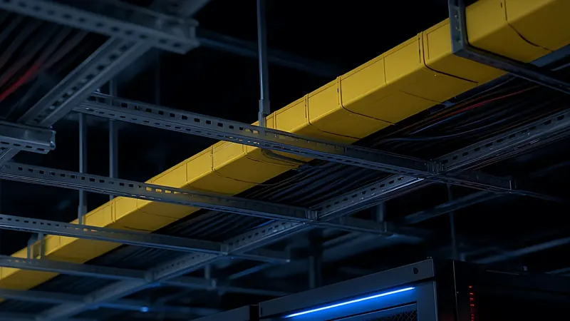 Yellow fiber raceway hanging from a data center ceiling