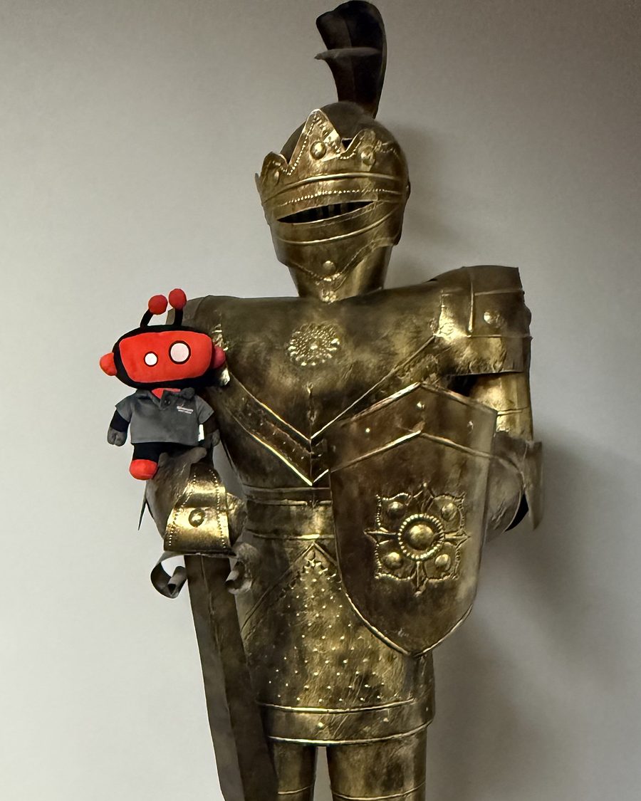 Sierra Experts' office knight standing guard with the Sierra robot mascot