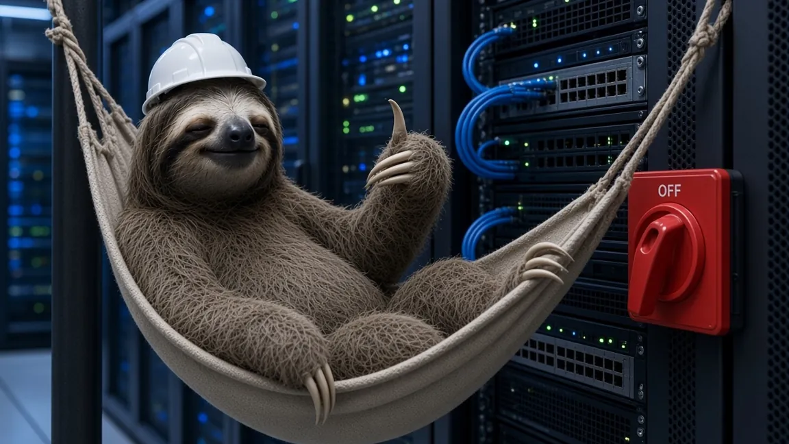 Cartoon illustration of a sloth in a hard hat lounging in a hammock between server racks, giving a thumbs up next to a red OFF switch