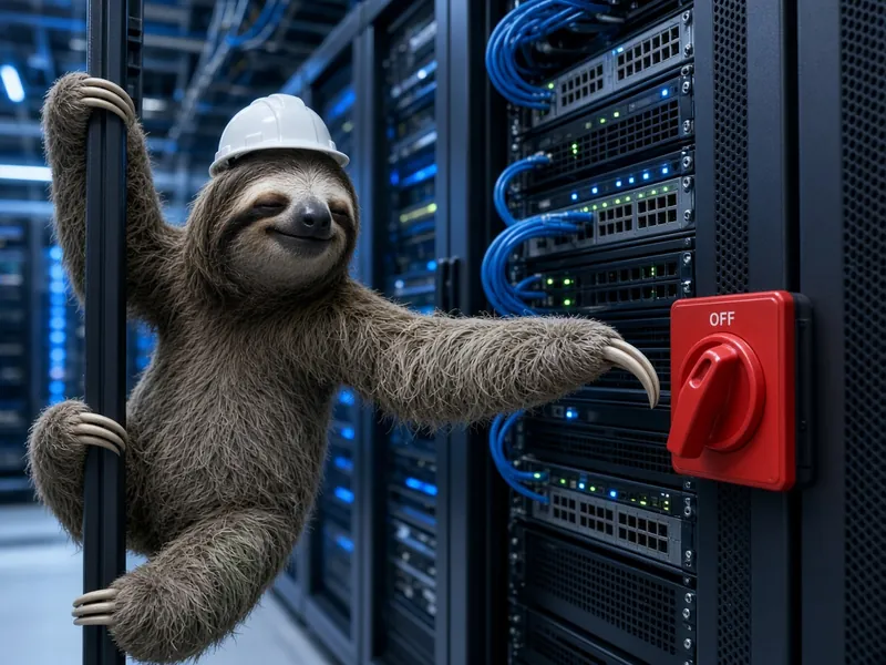 Cartoon illustration of a sleepy sloth in a hard hat hanging from a server rack and slowly reaching for a big red OFF switch