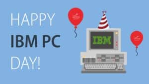 ibm computer with red balloons on a blue background