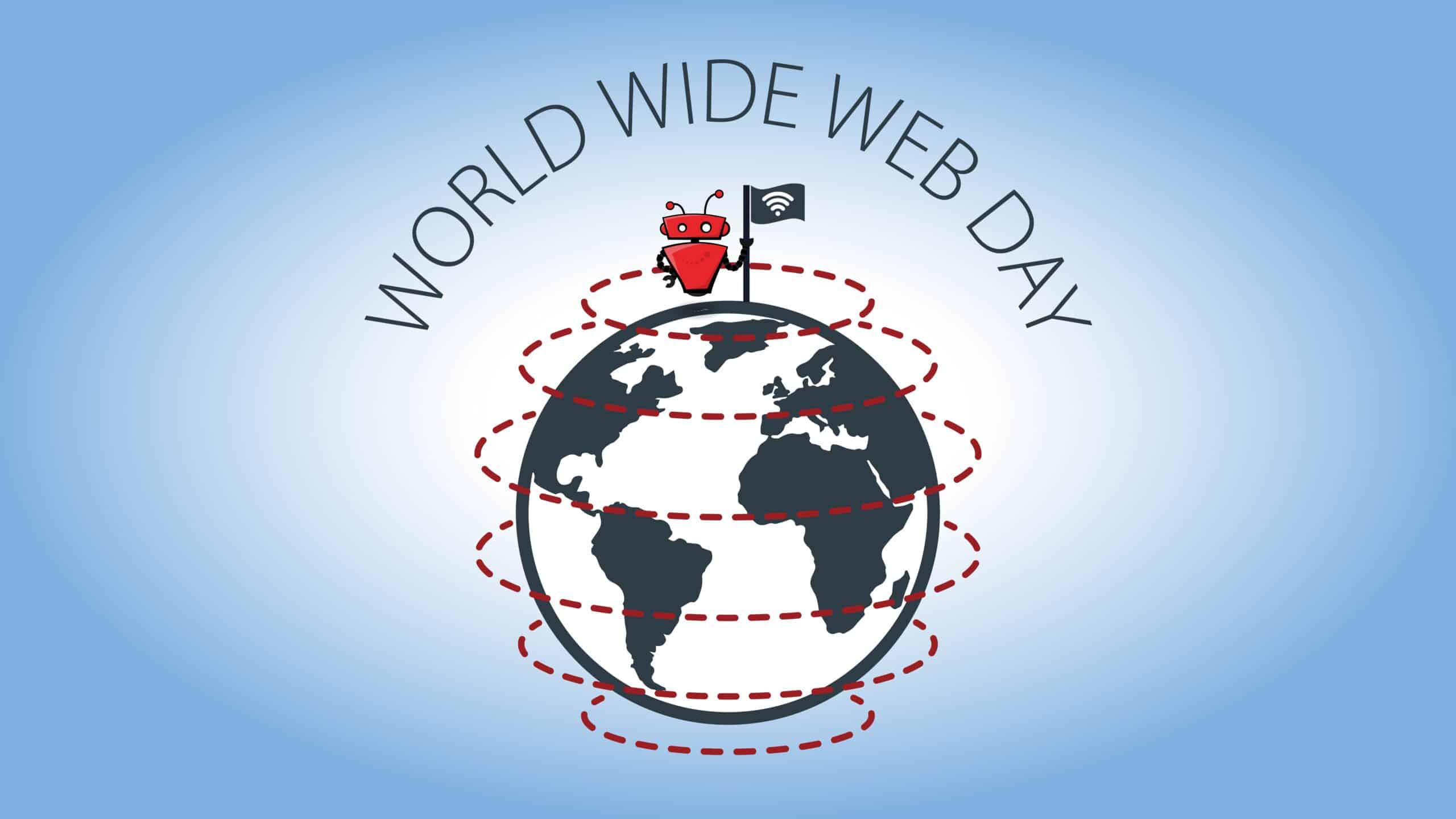 xbert on top of a globe, holding a flag for world wide web day