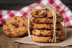 chocolate chip cookies on a rustic wooden table