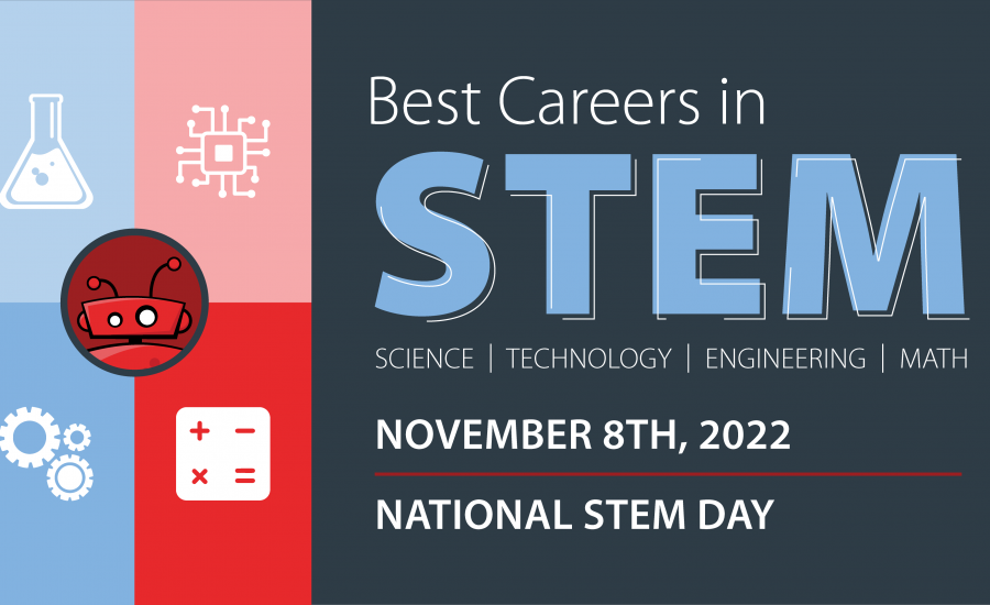 xBert robot in the middle of 4 icons representing the 4 fields of STEM: Science, Technology, Engineering, and Math