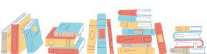 a graphic showing a pile of brightly colored books