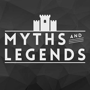the words myths and legends in white on a black background with a white icon of a castle