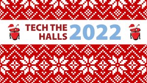 A red and white sweater pattern graphic with text that reads Tech the Hall 2022