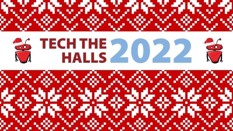 A red and white sweater pattern graphic with text that reads Tech the Hall 2022