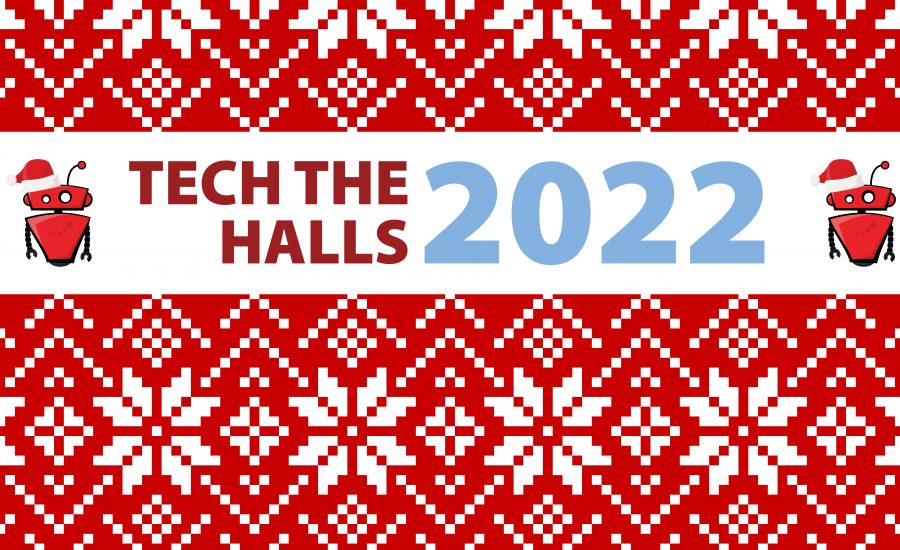 A red and white sweater pattern graphic with text that reads Tech the Hall 2022