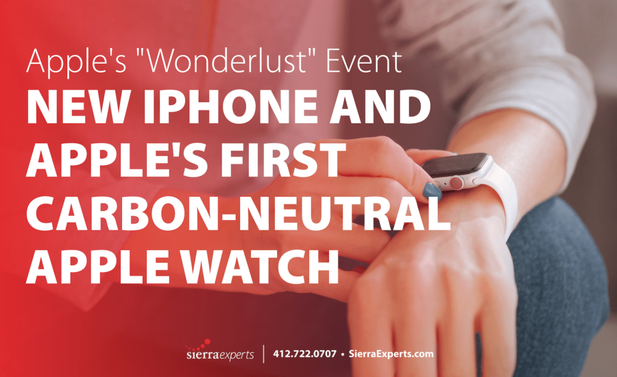 A woman checking her smart watch. A red gradient comes in on the left side with text that announces Apple's new iPhone and carbon-neutral Apple Watch