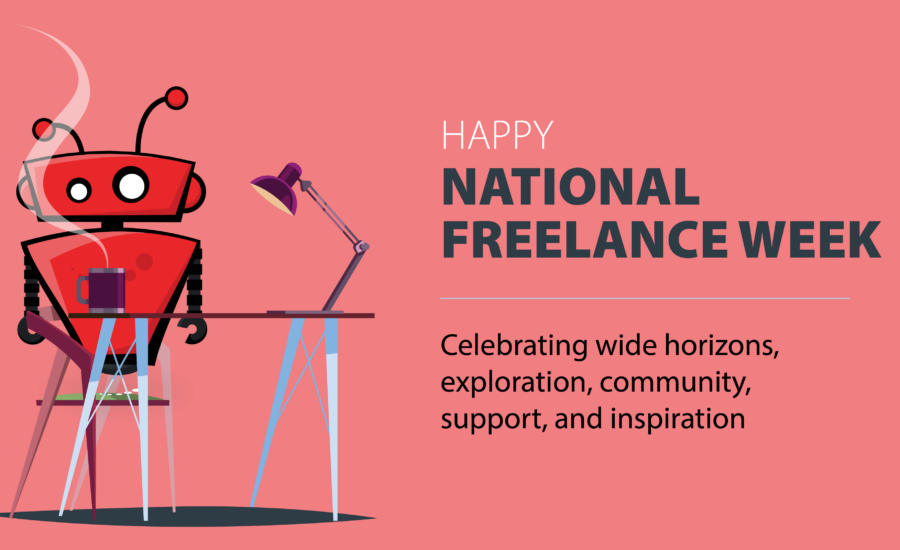 xBert robot at a desk, celebrating national freelance week