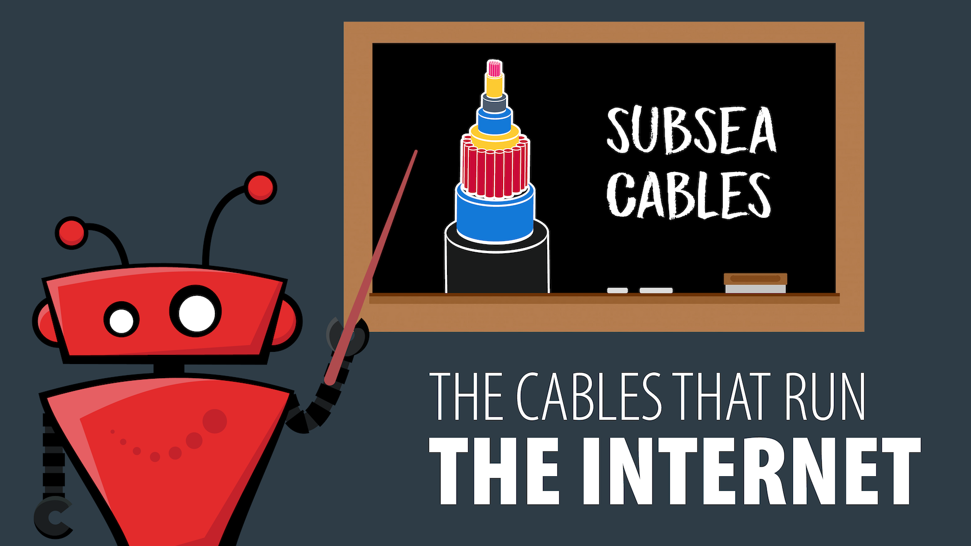 xBert robot at a chalk board with a diagram of a subsea cable