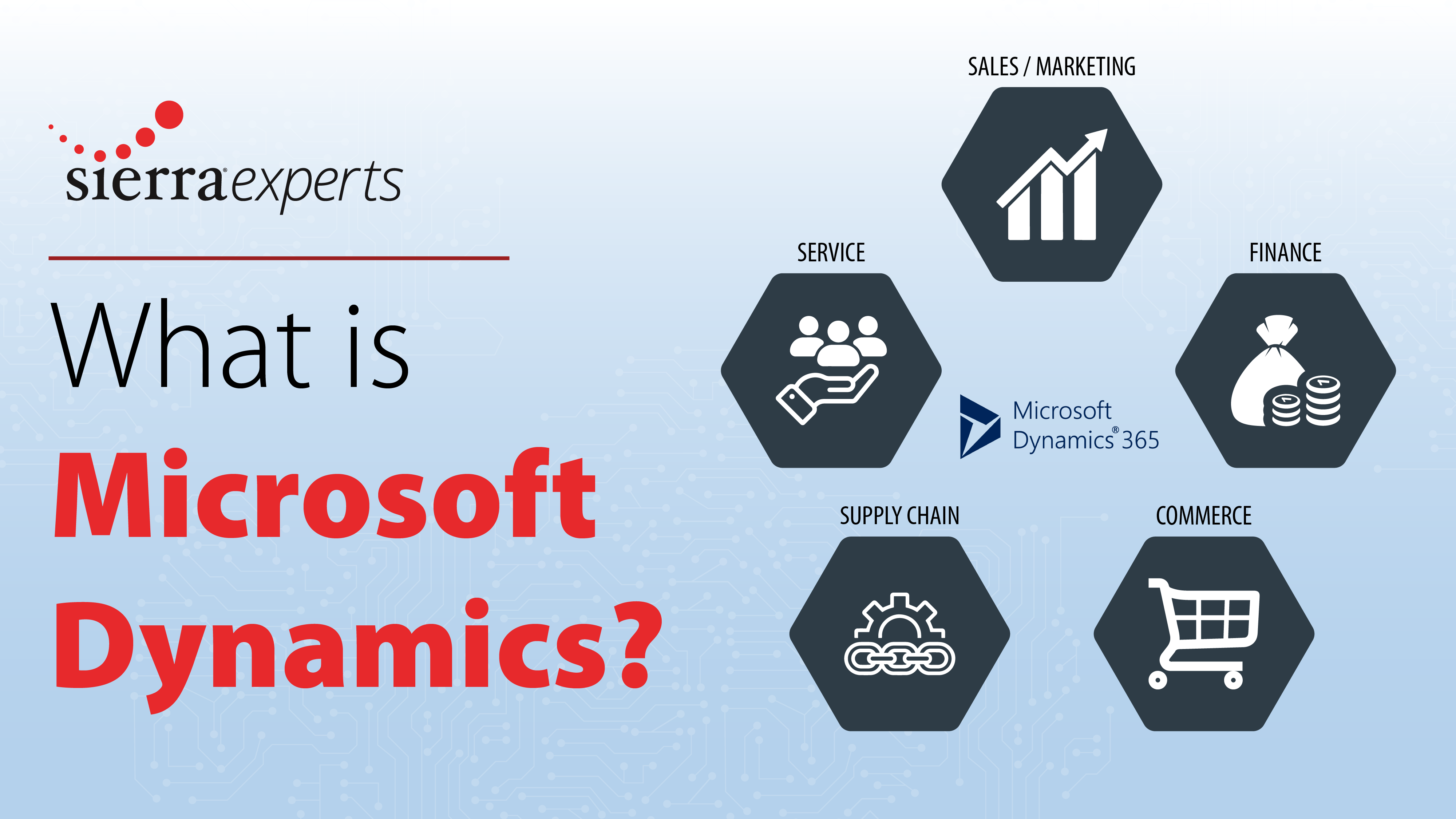Diagram showing what Microsoft Dynamics is capable of: sales/marketing, finance, commerce, supply chain, and service