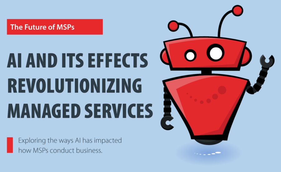 xBert robot on a light blue background. There is a red box at the top with white text that says "The future of MSPs" The image's heading reads "AI and its effects revolutionizing managed services" There is a subheading at the bottom that says "Exploring the ways AI has impacted how MSPs conduct business."