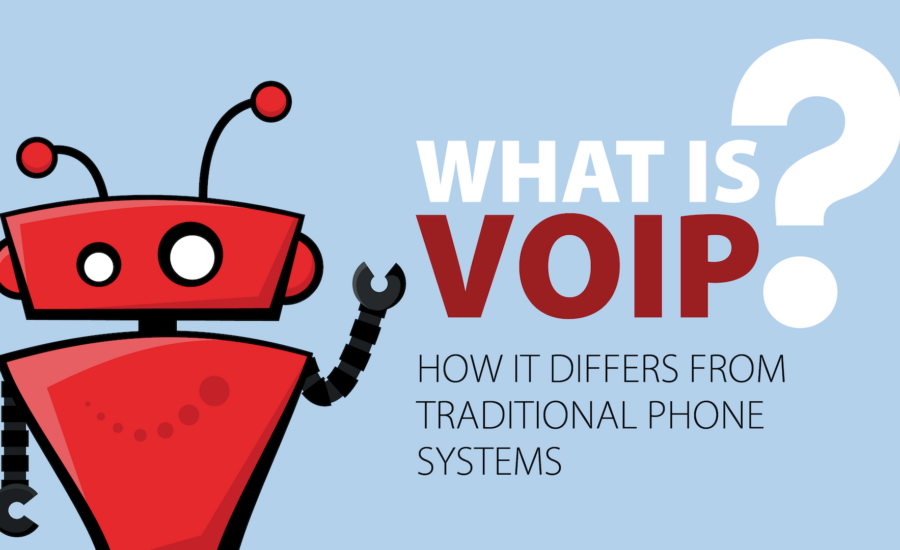 xBert robot on a light blue background. Its left arm is raised like it's waving. There is text to the right that says "What is VoIP?" A subheading is underneath that reads "How it differs from traditional phone systems" | VoIP