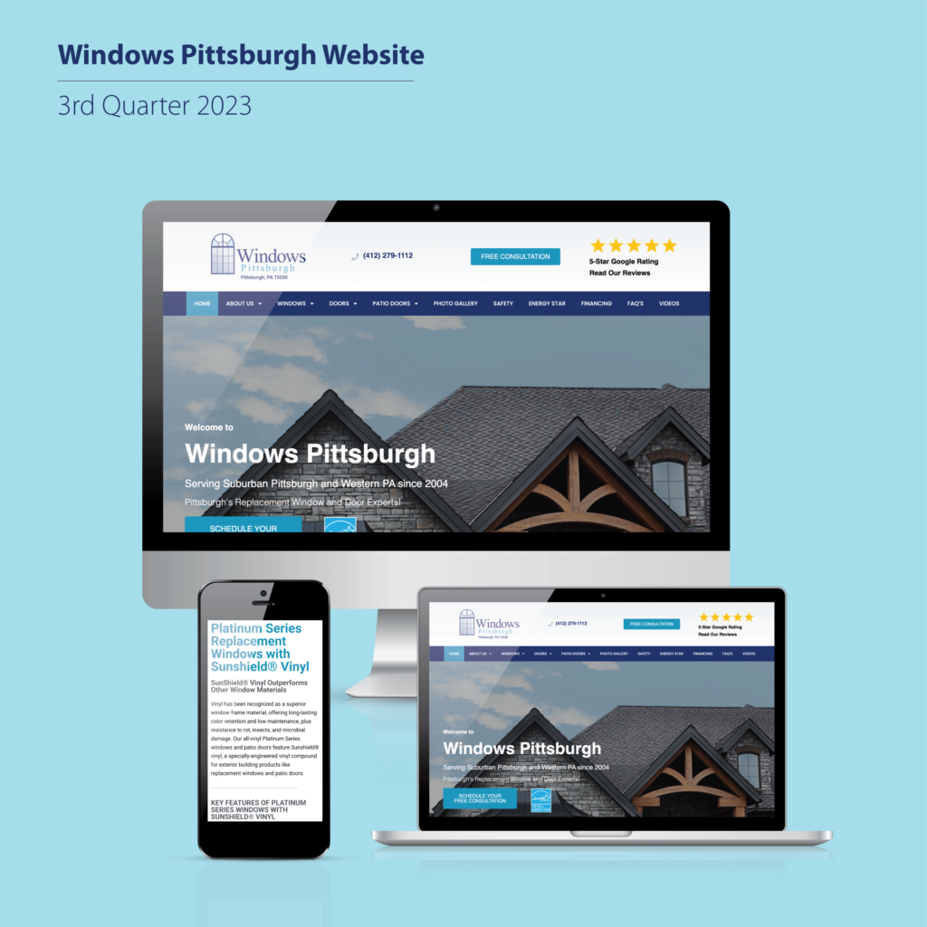 A mockup of the Windows Pittsburgh website on a computer screen, laptop screen, and cellphone